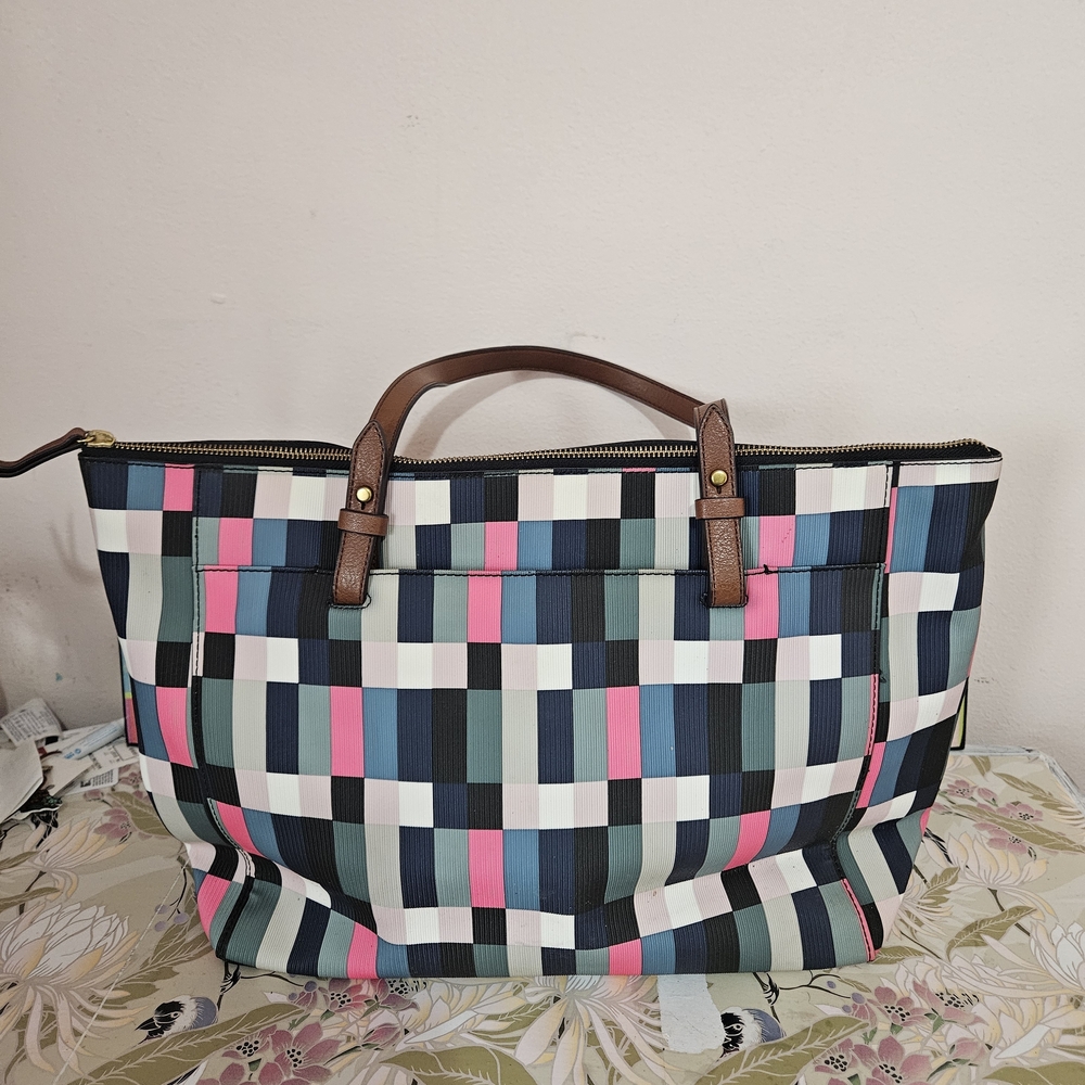Fossil Multicolor Geometric Tote with Brown Handles